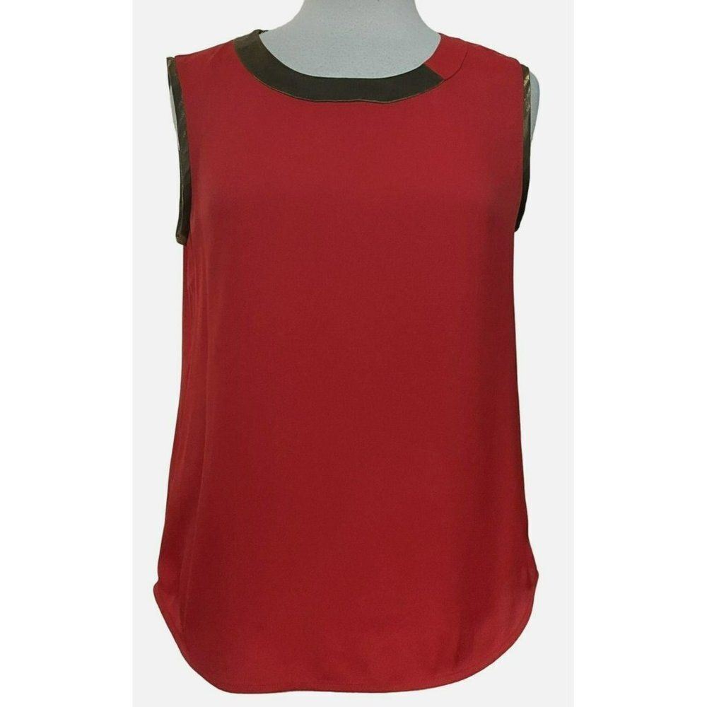 Anne Klein Red Sleeveless Hi-Low Pullover Blouse Sz 6 Bronze Fabric Neck Detail